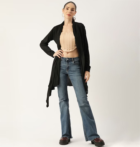 Women Black Self Design Longline Monochrome Shrug